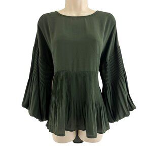 Cupio Olive Green Chiffon Pleated Blouse Top Long Balloon Sleeve Size M High-Low